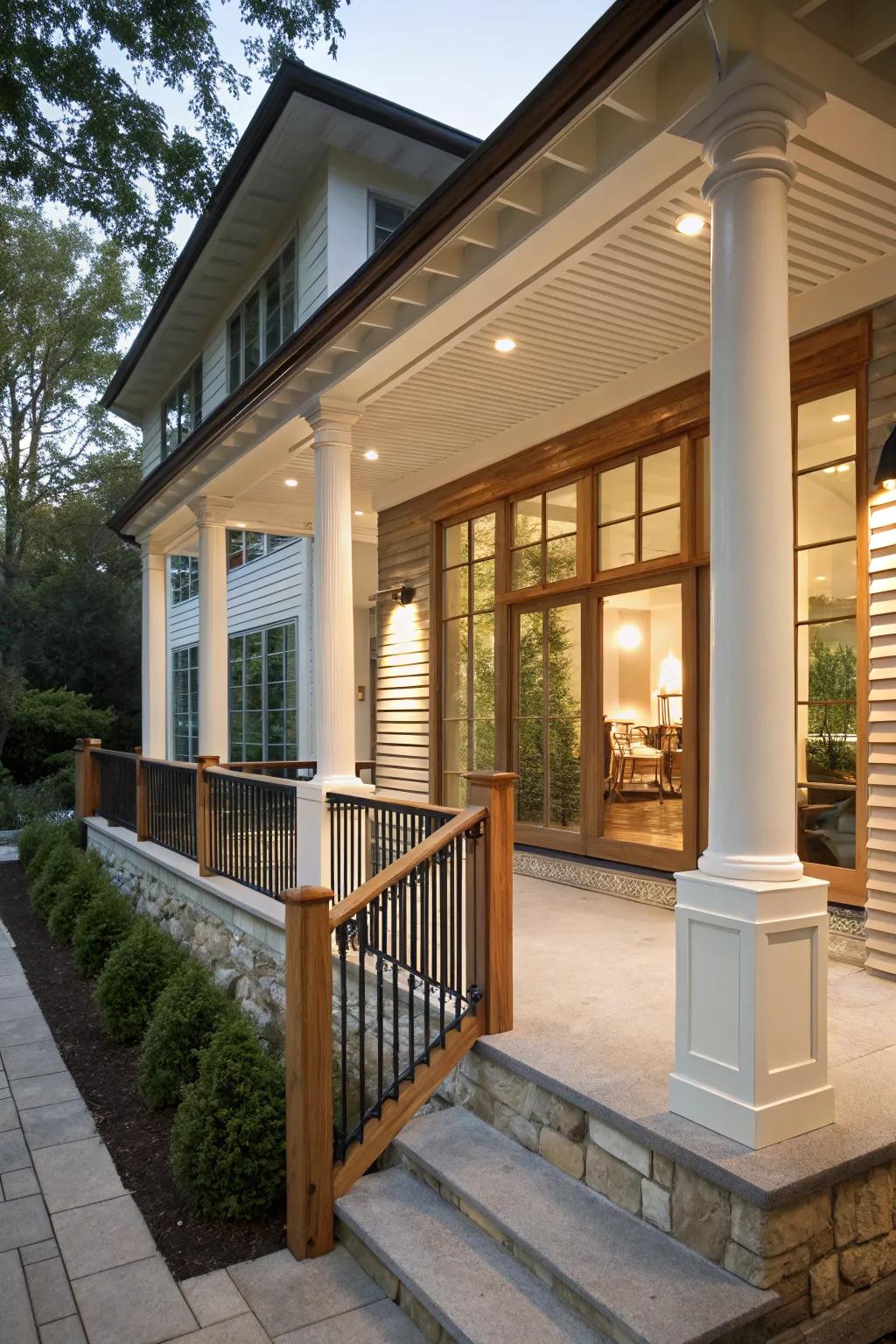 Columns with horizontal slats add a modern and airy touch to this sleek porch.