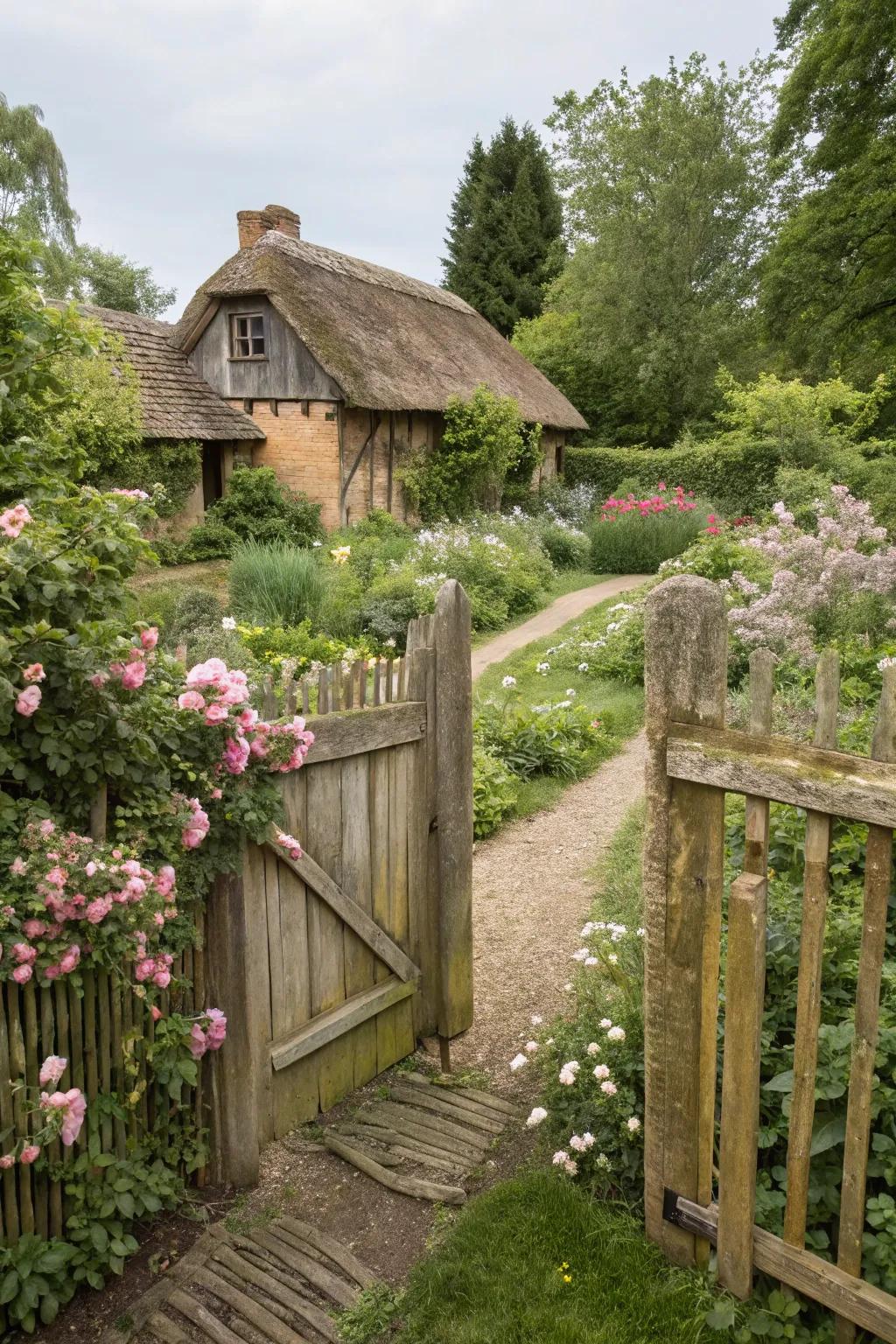 Rustic wood elements add a timeless charm to this cottage garden.