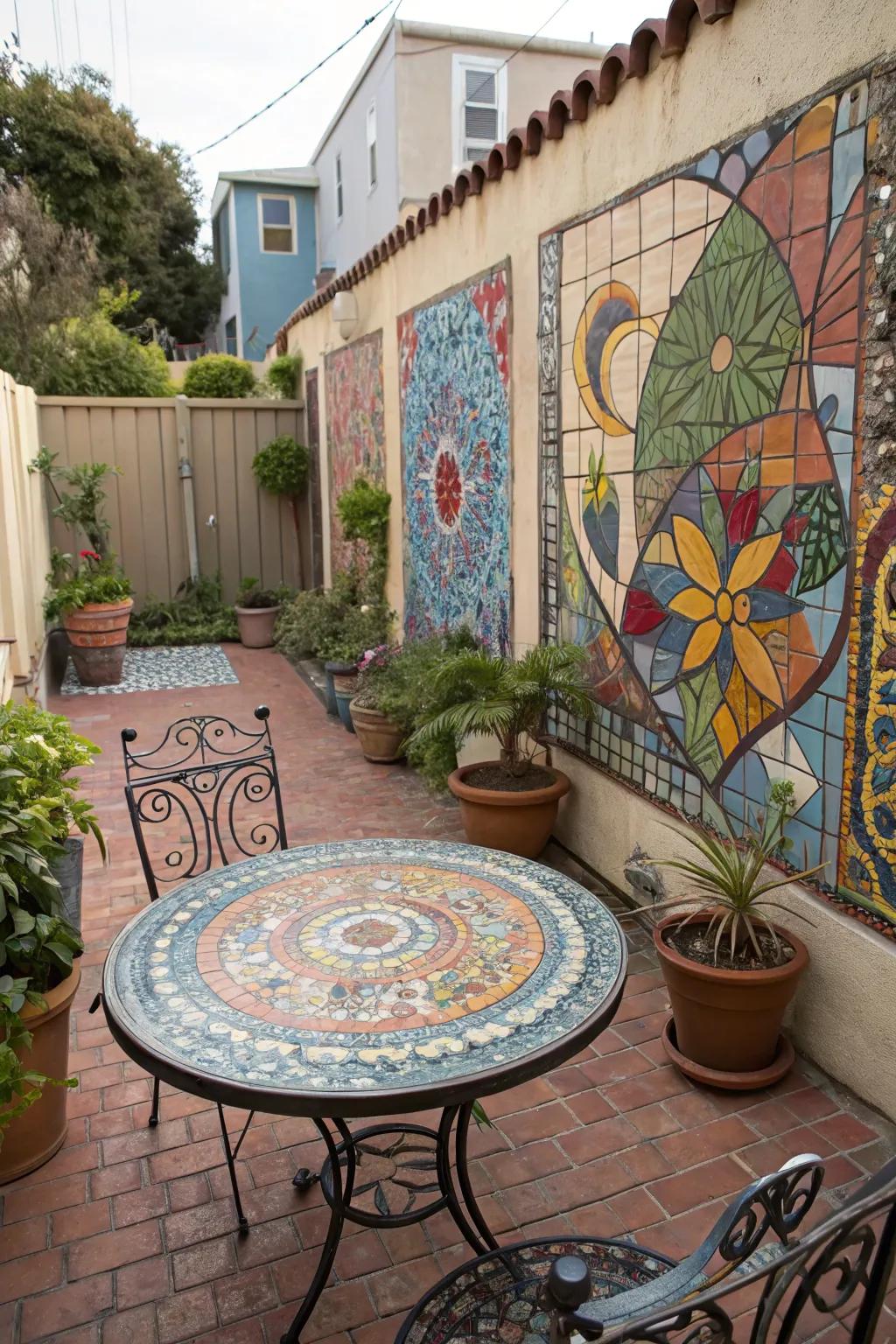 Mosaic art adds vibrant color and interest.