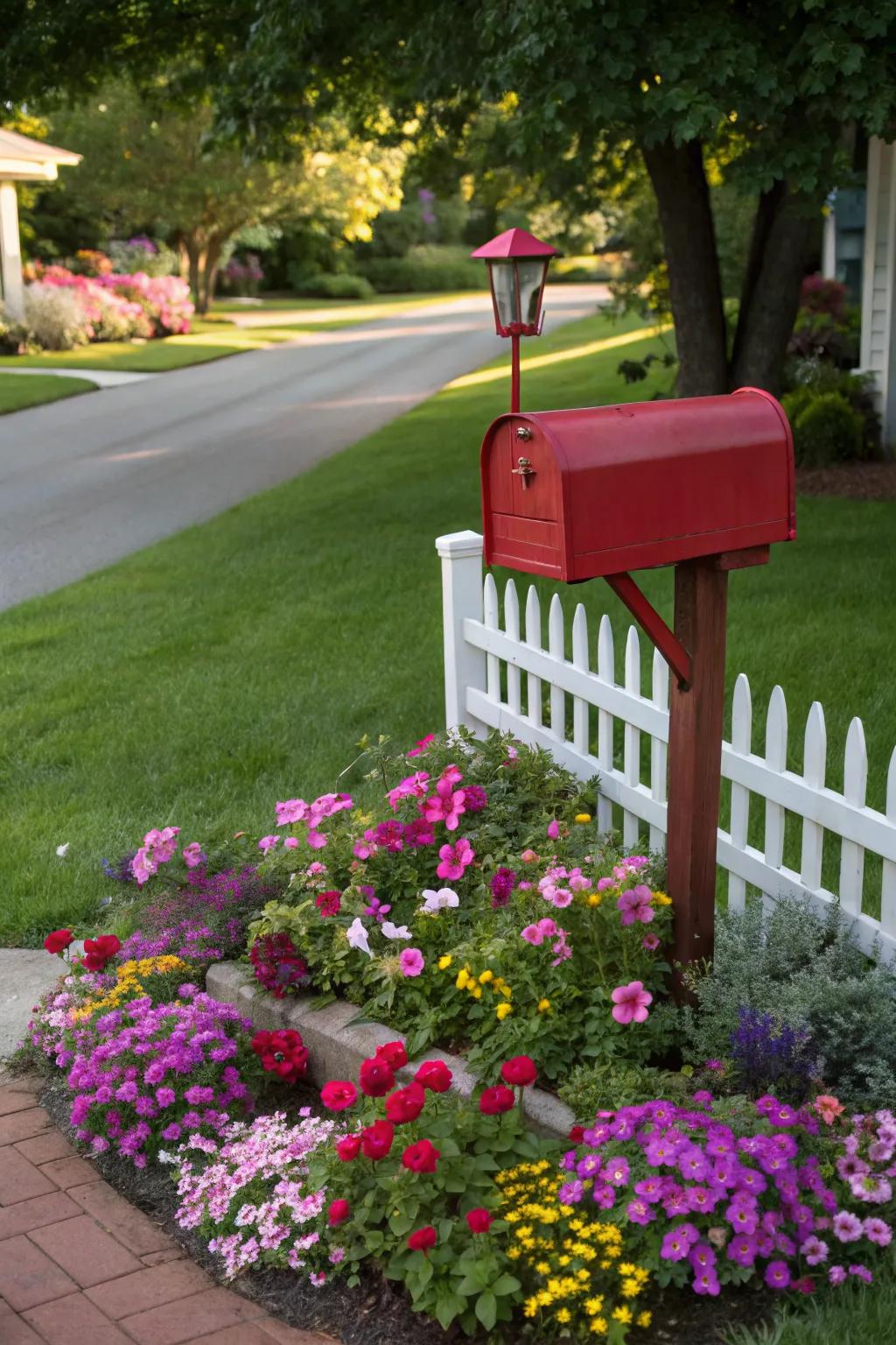 A mailbox flower bed welcomes visitors with vibrant blooms.
