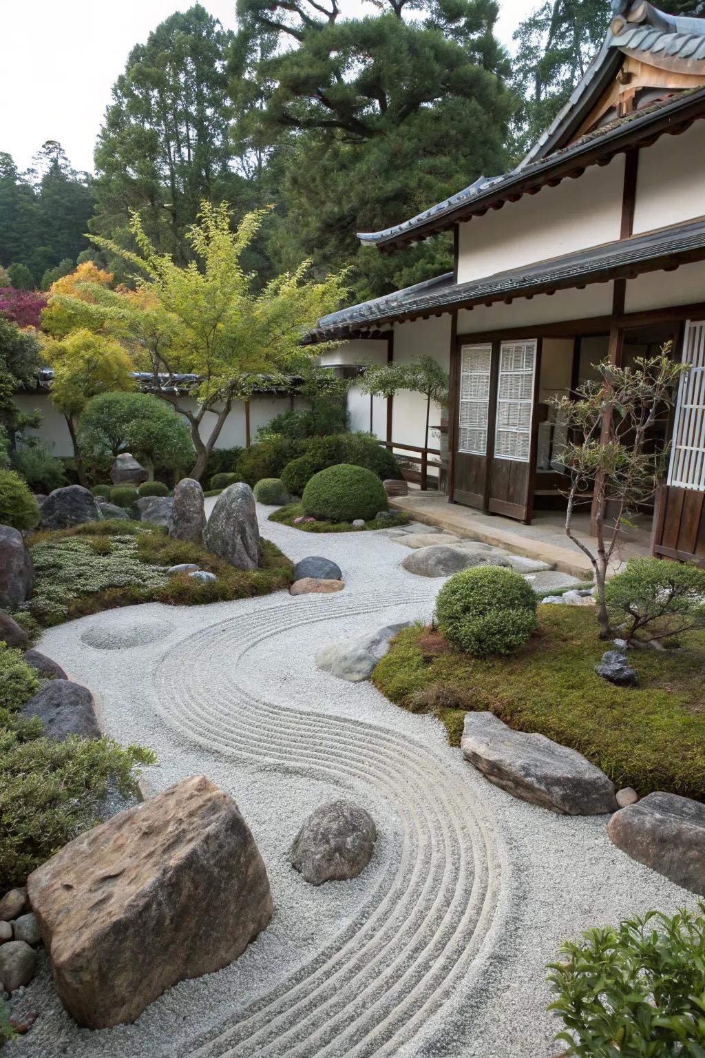 Zen elements bring peace and simplicity to your front yard.