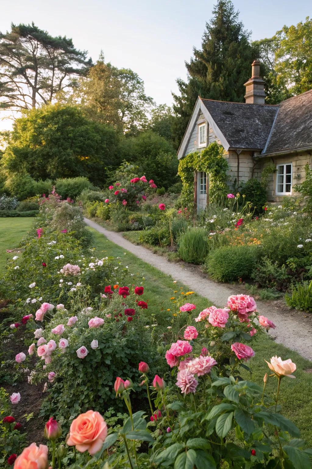 A charming cottage-style garden with mixed roses and perennials.