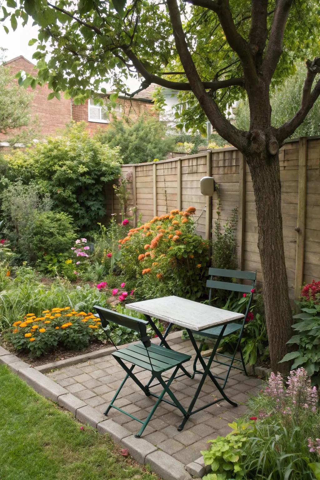 Flexible folding bench providing adaptable seating in a small garden.