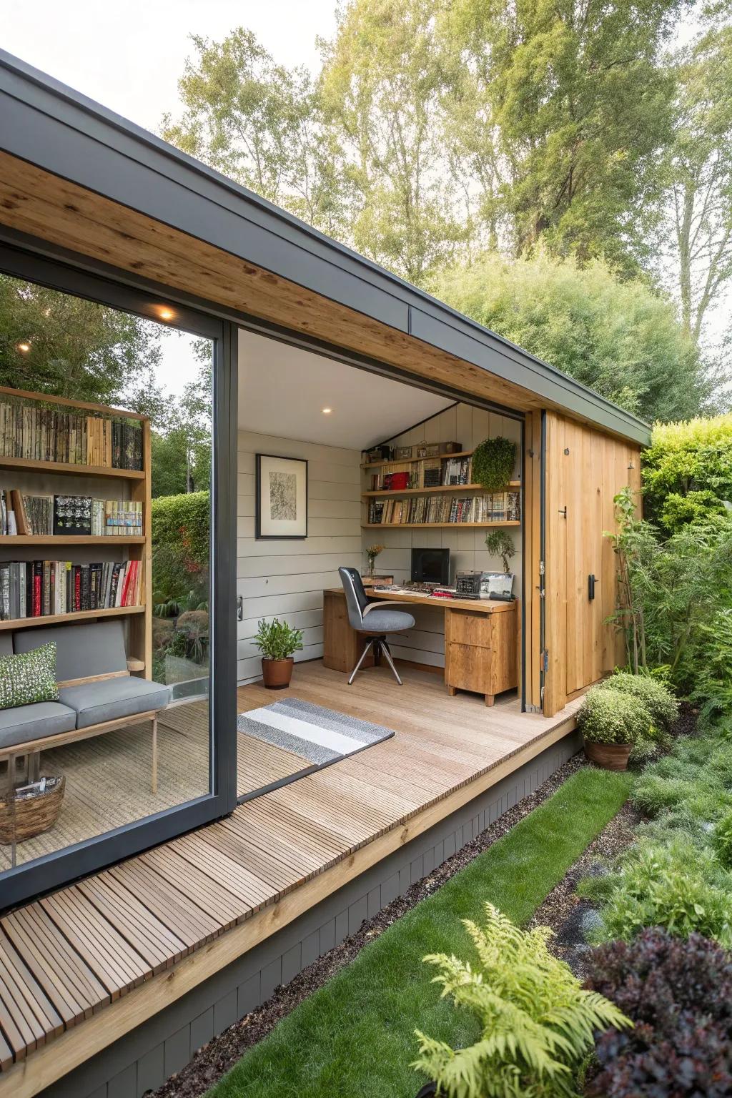 An under-deck office maximizes space while keeping the garden intact.