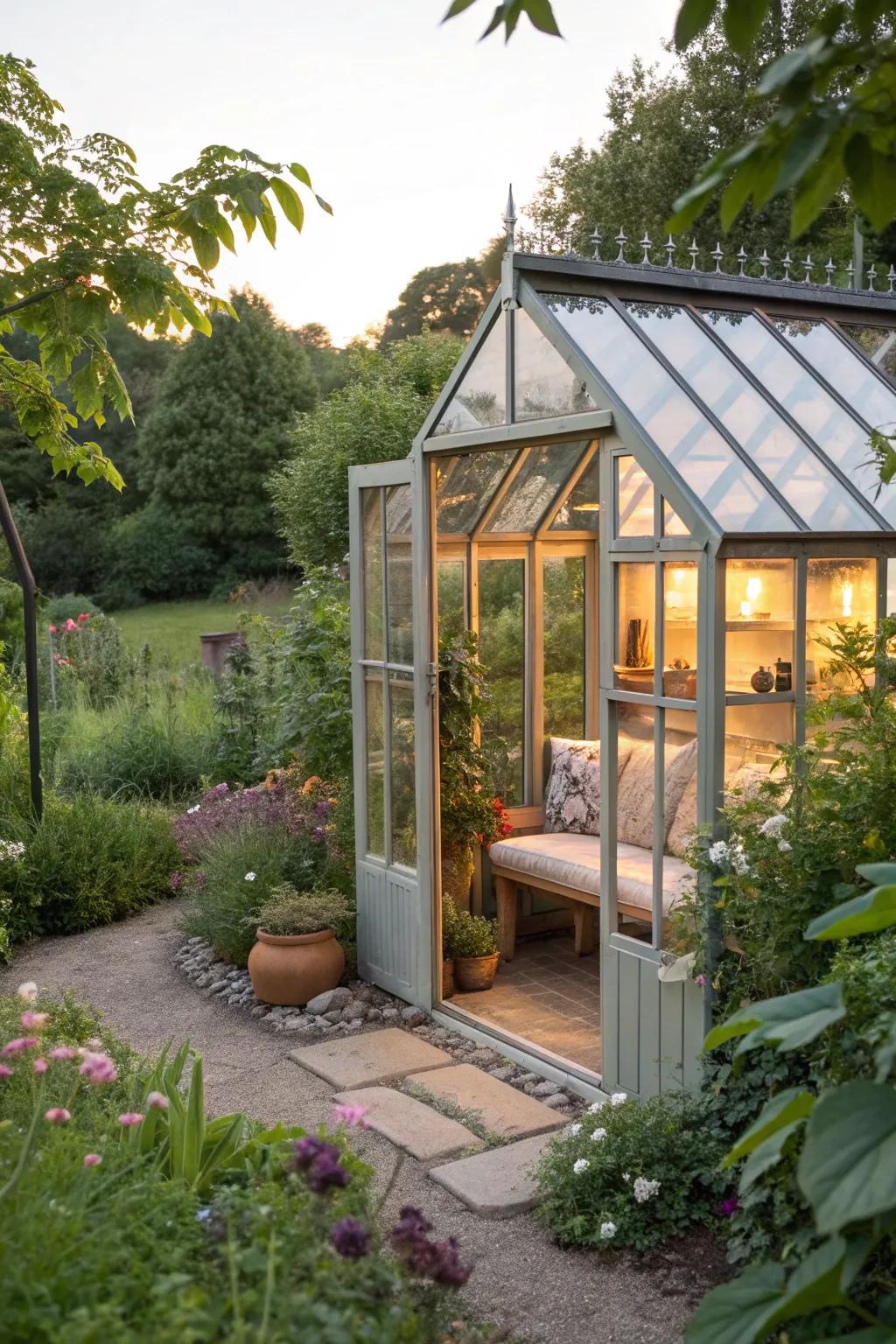 A cozy greenhouse featuring built-in seating for relaxation.