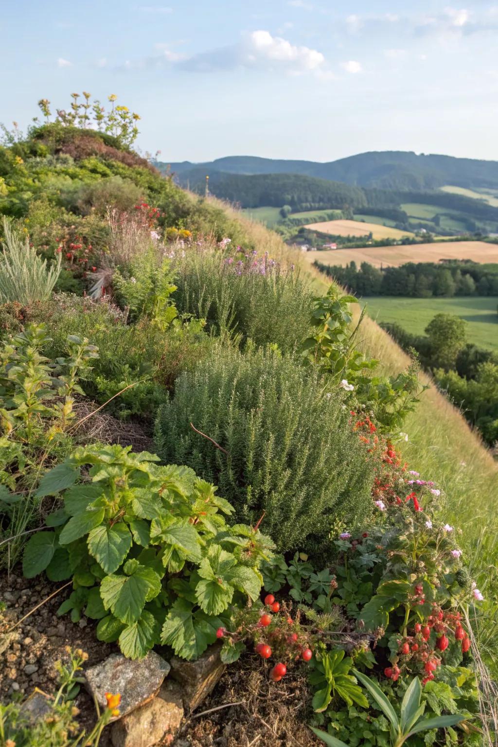 Combine beauty and function with edible hillside plants.