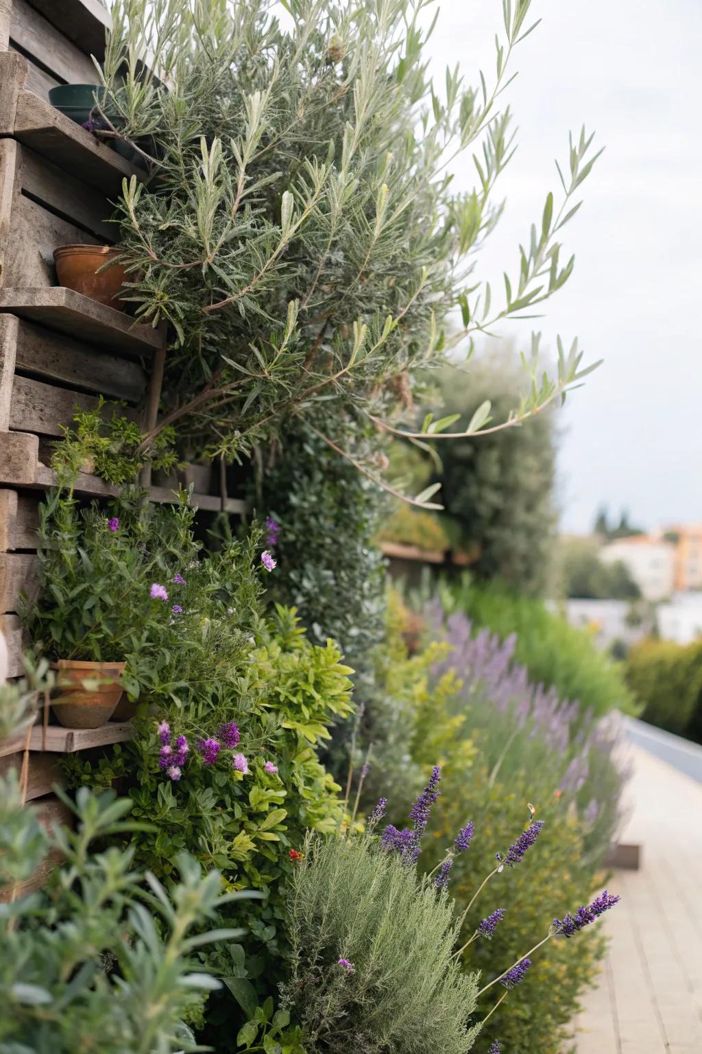 A vertical garden showcases lush Mediterranean plants.