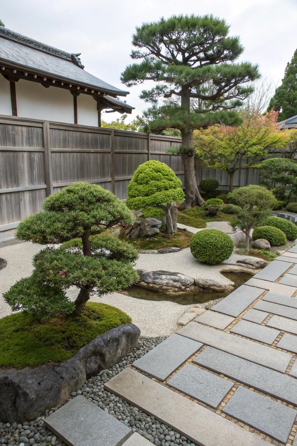 Bonsai trees bring elegance and tradition to the garden.