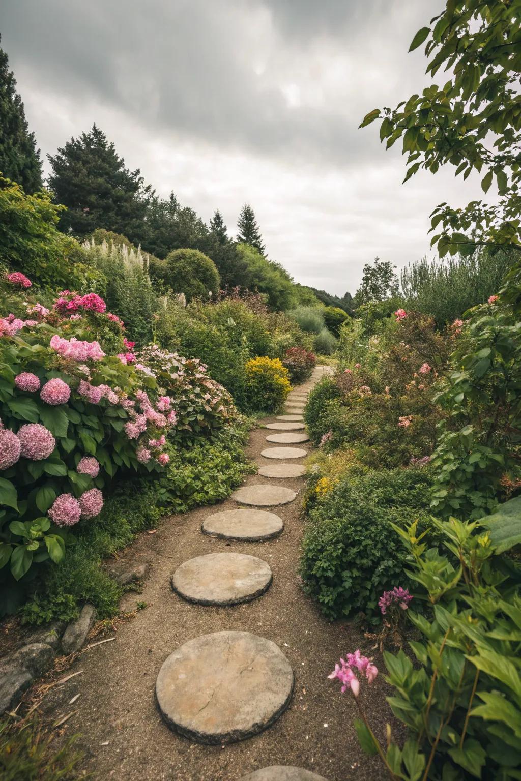Whimsical circular stepping stones in a modern garden.