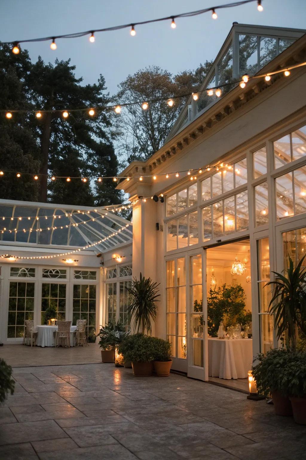 Ambient lighting adds warmth to the orangery.