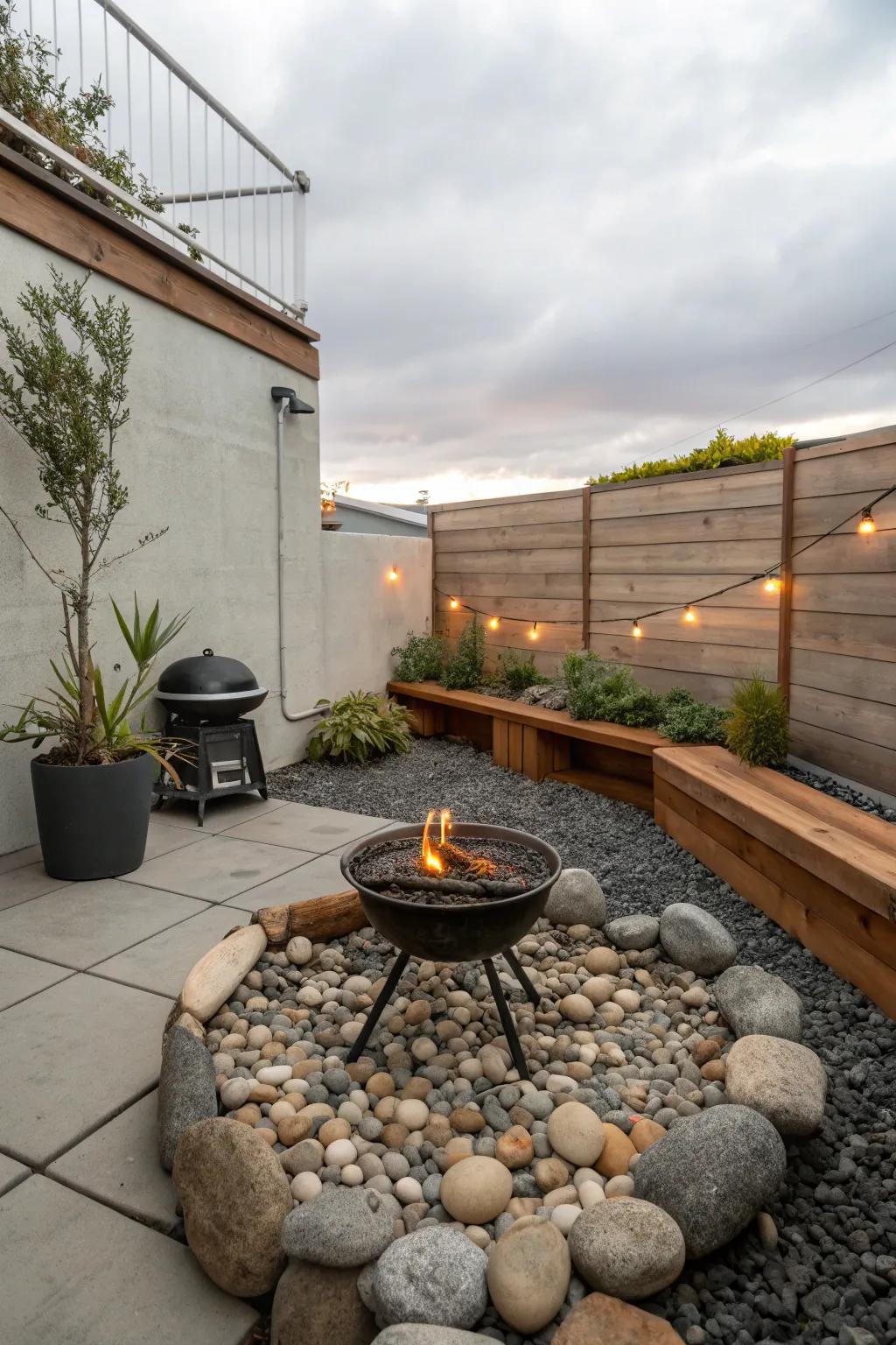 A mini fire pit serves dual purposes in a compact BBQ area.
