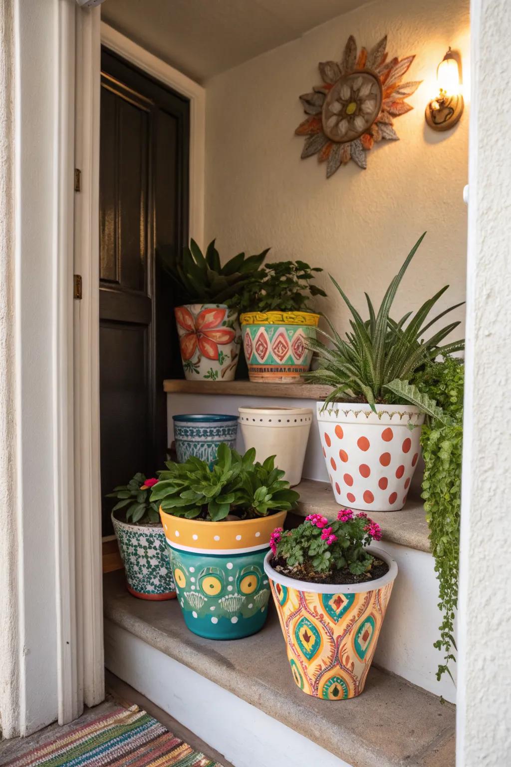 DIY painted pots add a personal and colorful touch.