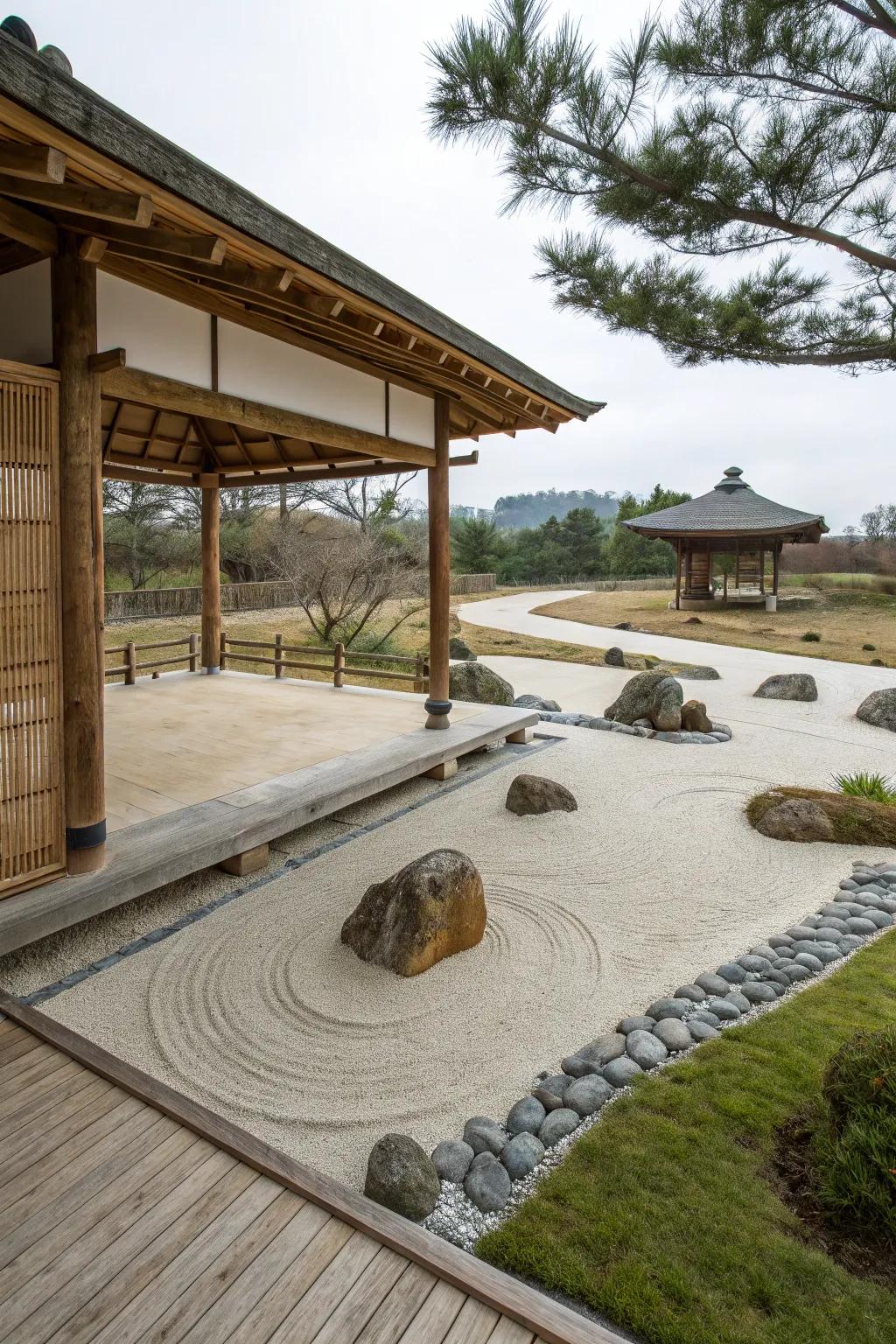 A Zen garden pavilion offering peace and balance.