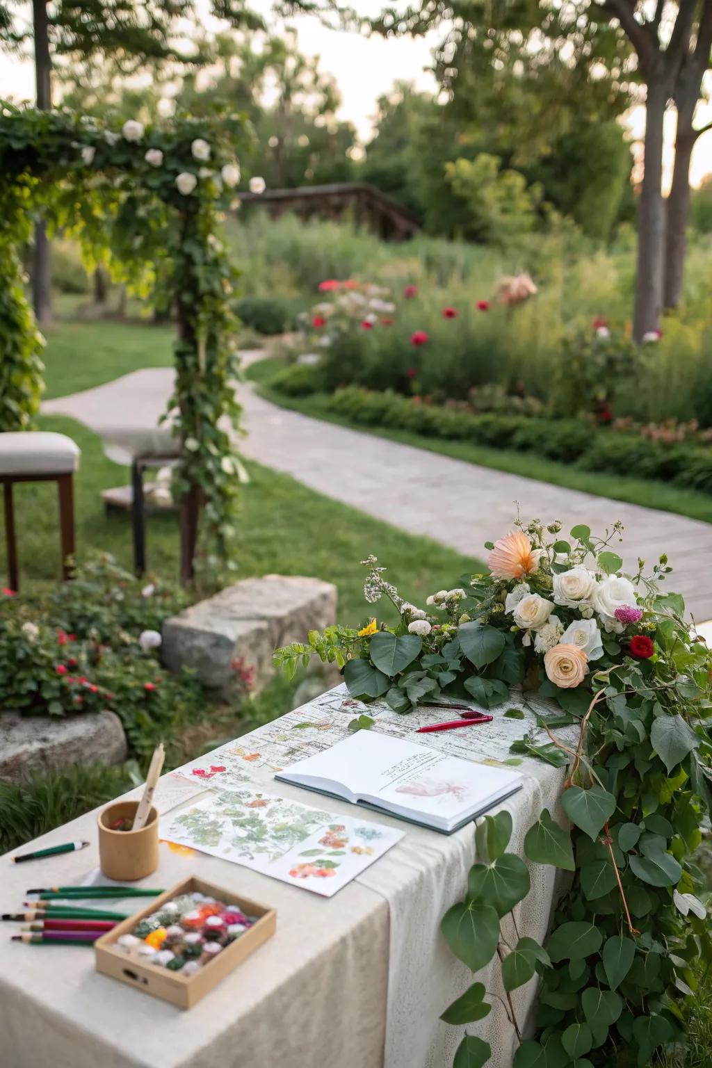 Nature art stations encourage creativity and exploration.