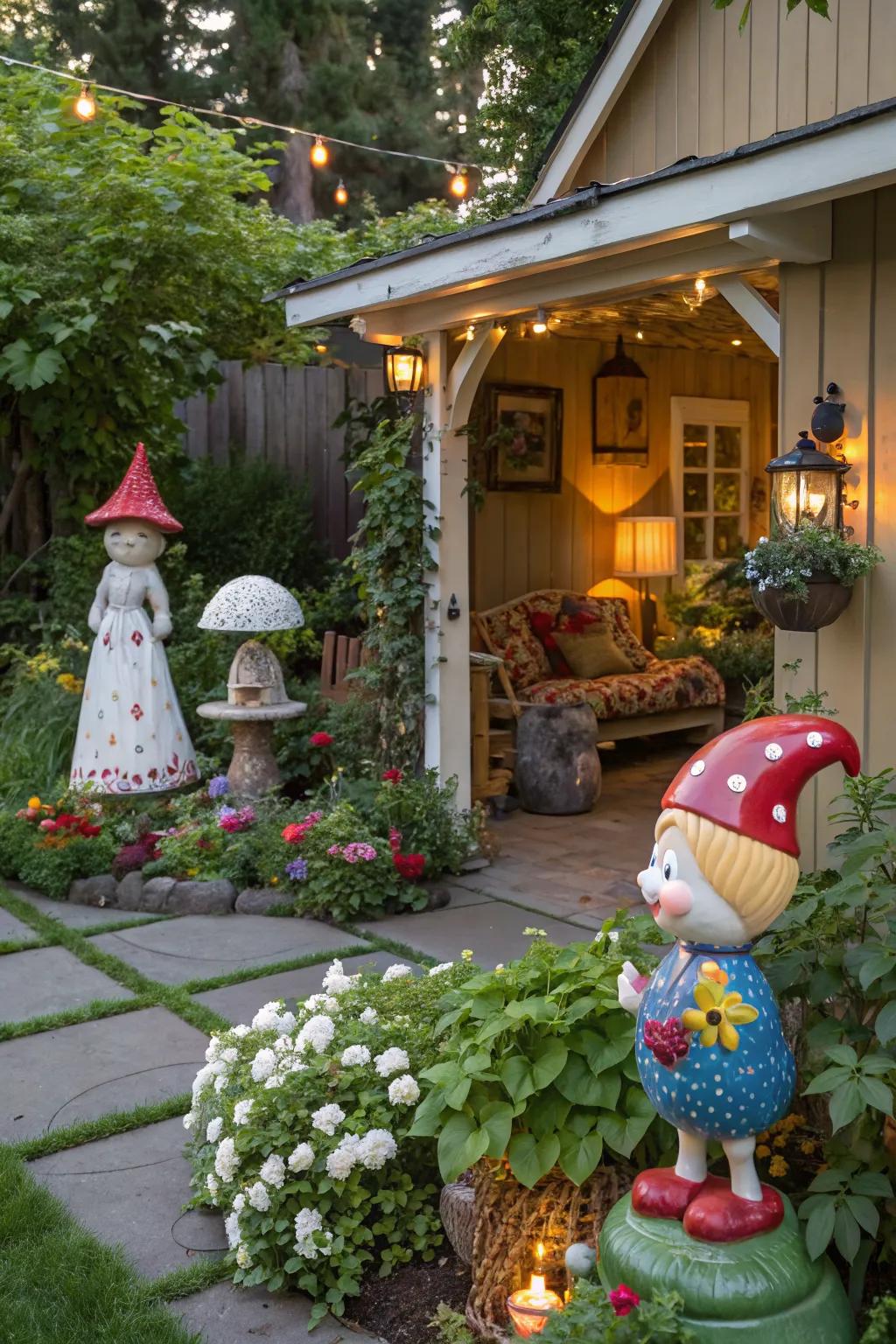 Garden art adds character to outdoor spaces.