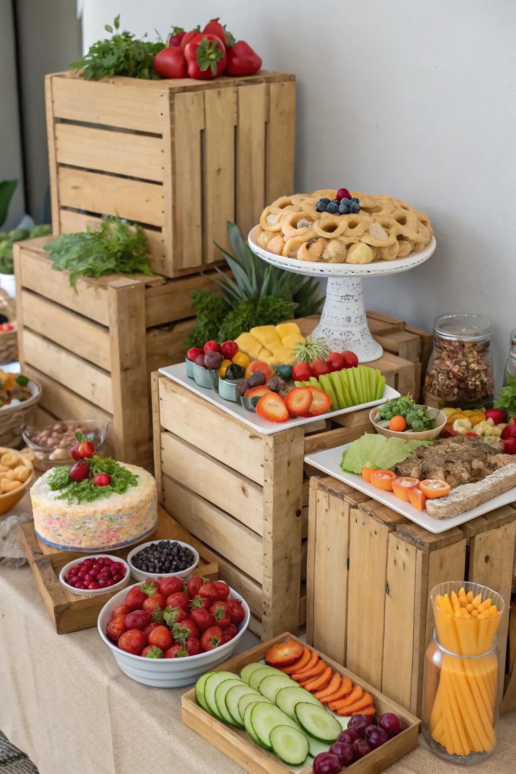 Rustic charm with creative food displays.