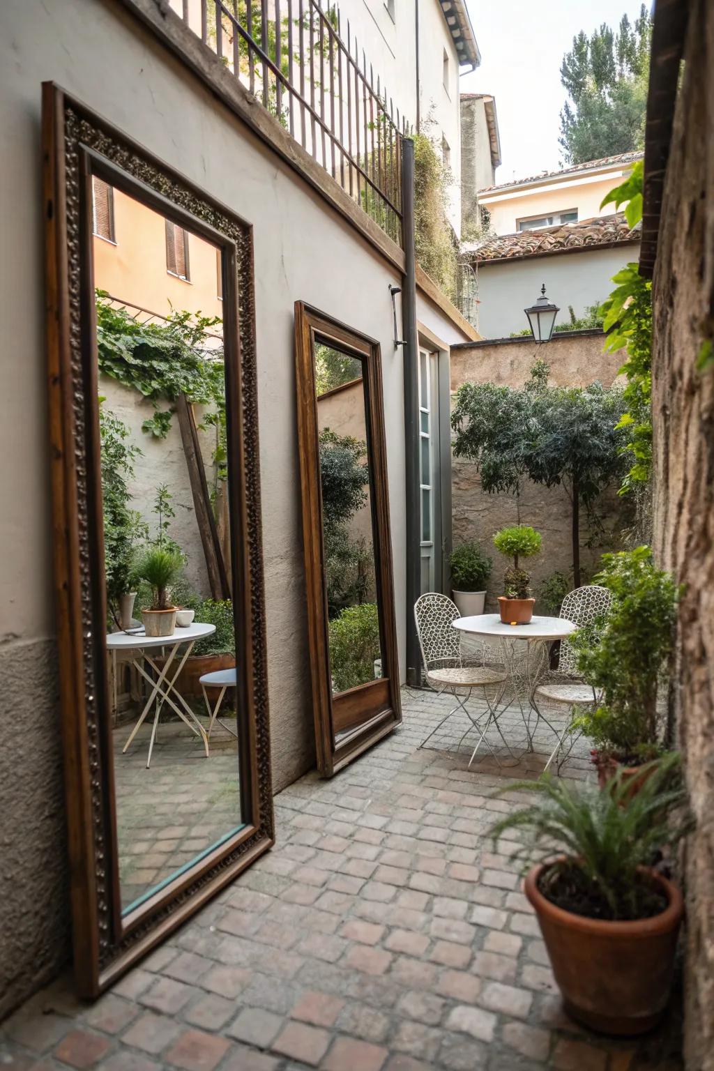 Mirrors can transform a small patio by reflecting light and space.
