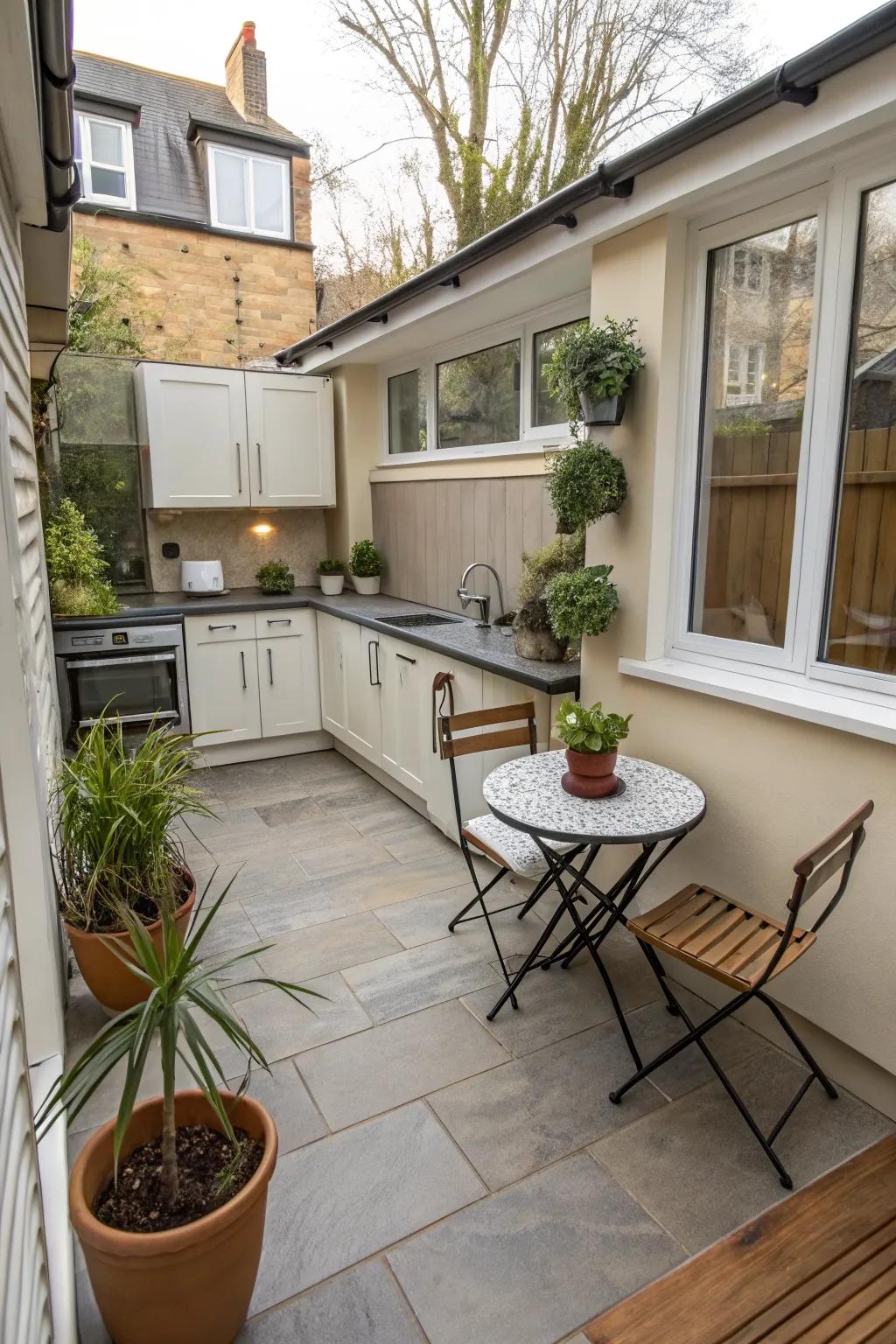 An efficient L-shaped layout in a small patio kitchen.