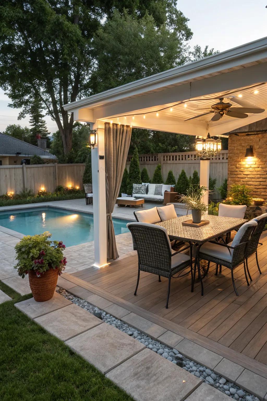 A multifunctional setup merges a pool area with dining space.