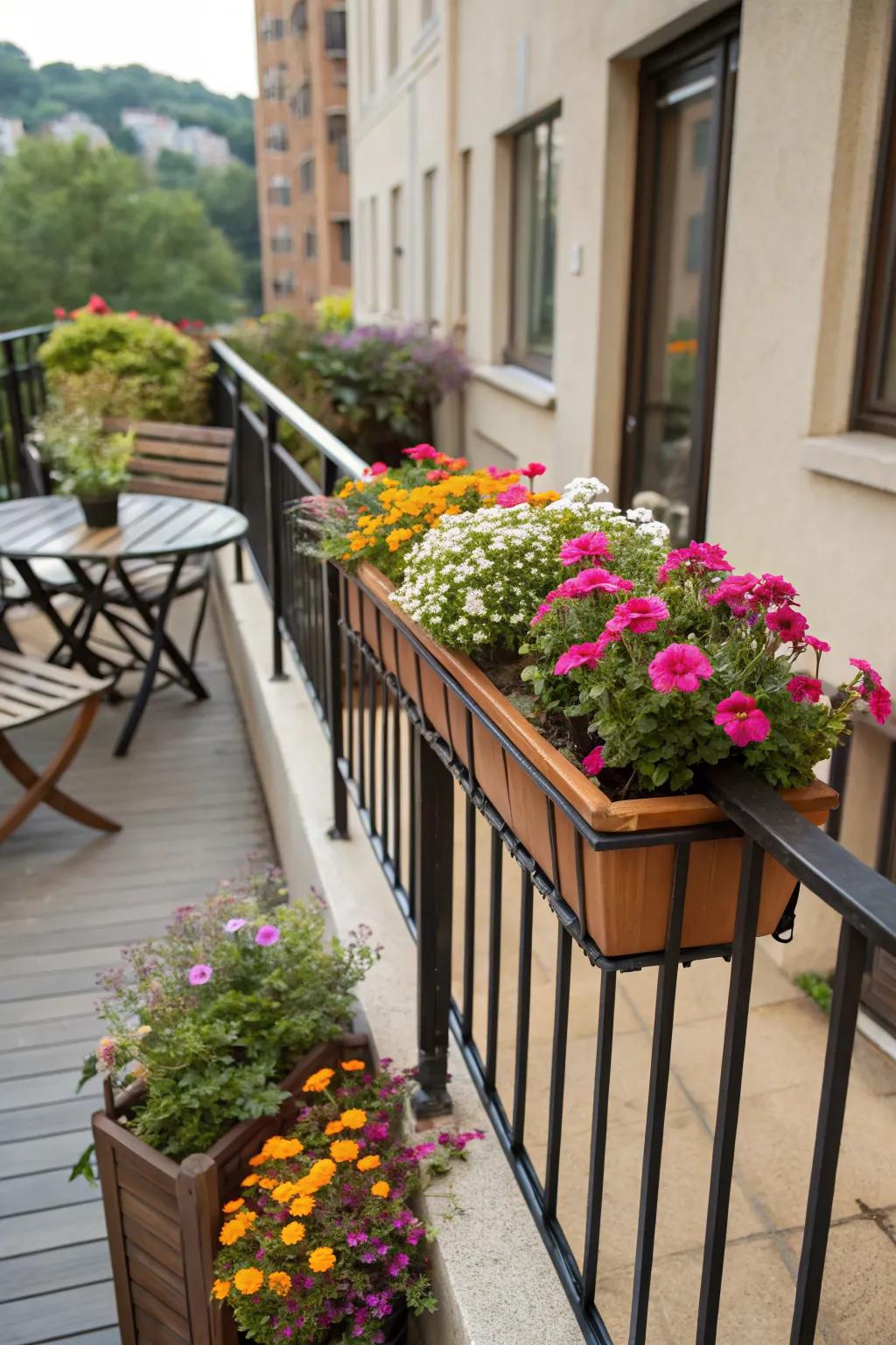 Rail-mounted planters add greenery and privacy.
