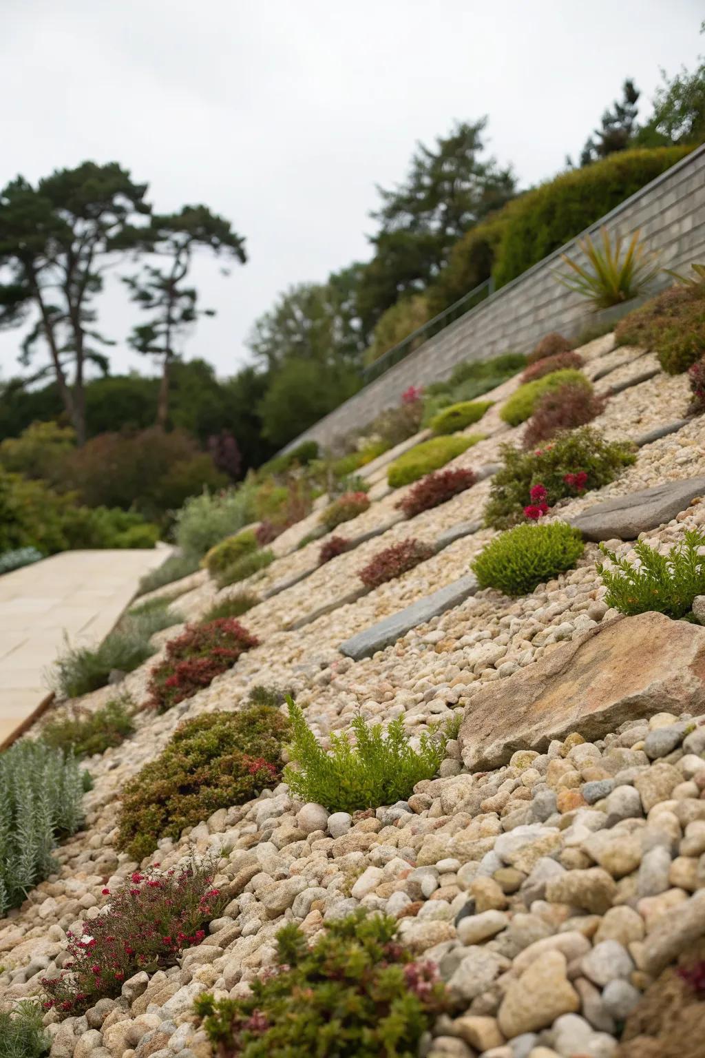 Pebbles can effectively cover slopes for both beauty and function.