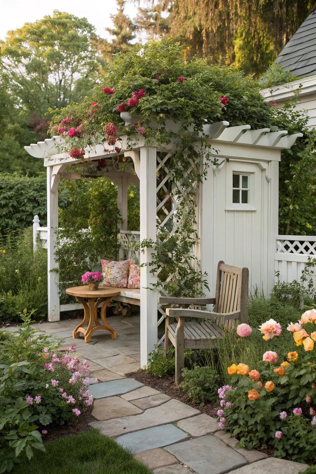 White pergolas offer a timeless appeal.
