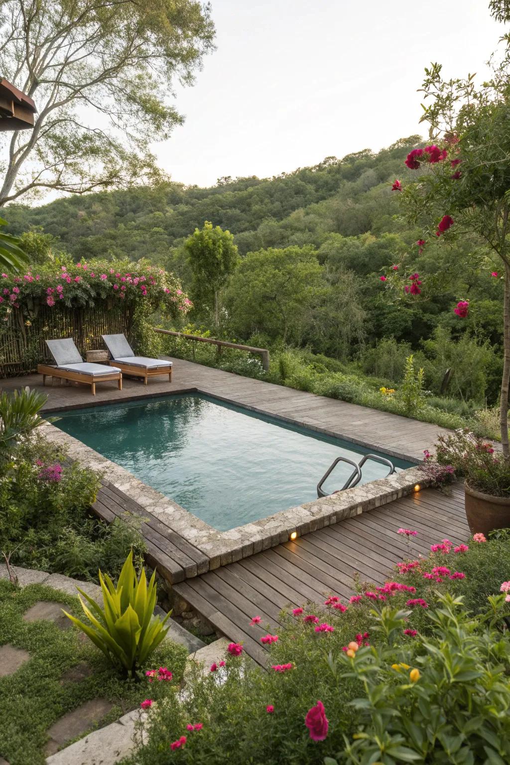 Eco-friendly materials create a sustainable poolside paradise.