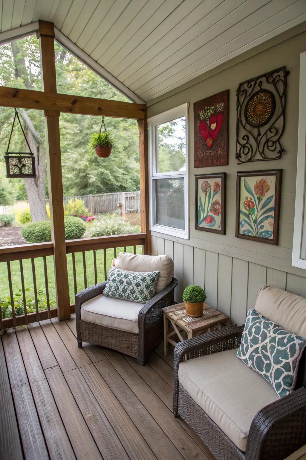 Wall decor personalizes and enhances the porch.