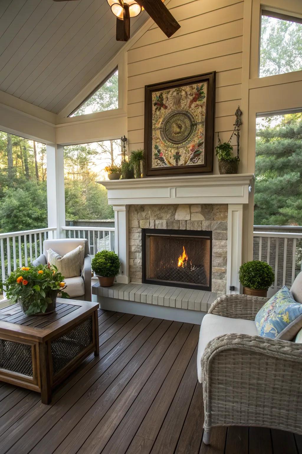 Artistic decor on the mantel adds a personal touch to the porch.