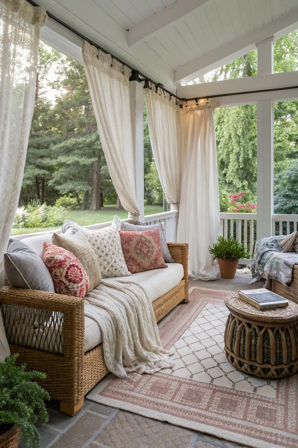 Layered textiles add warmth and style to a small screened porch.