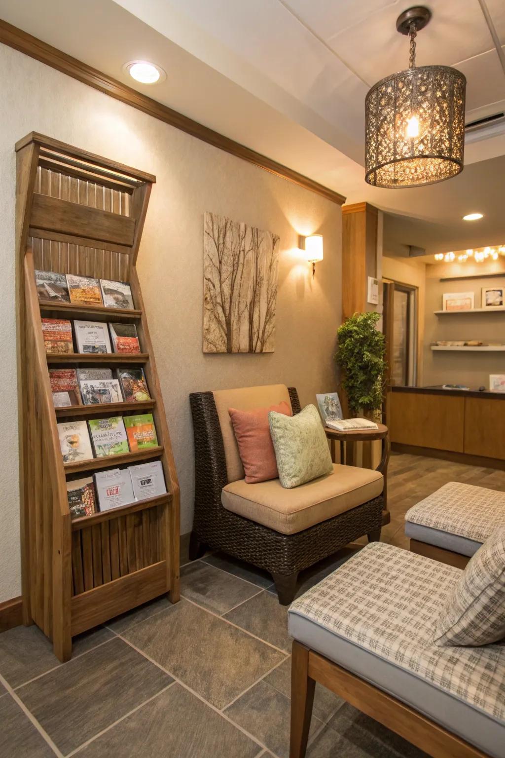 A cozy reading nook offers a quiet moment for clients.