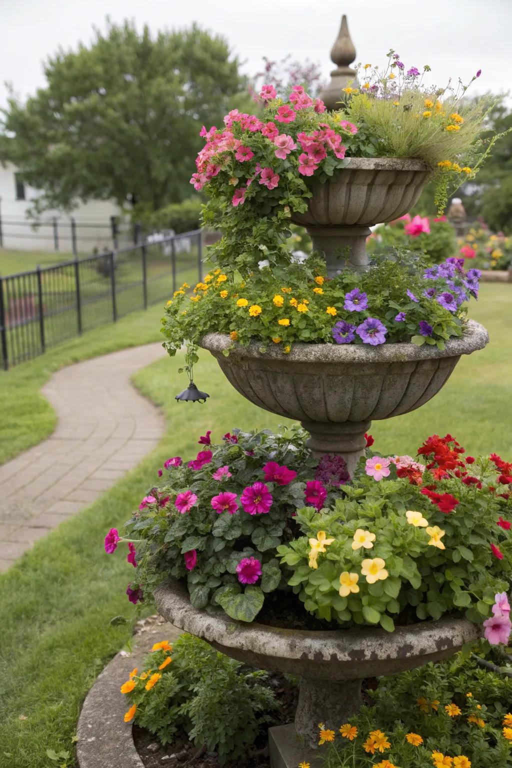 Tiered planters offer vertical growth, perfect for small spaces.