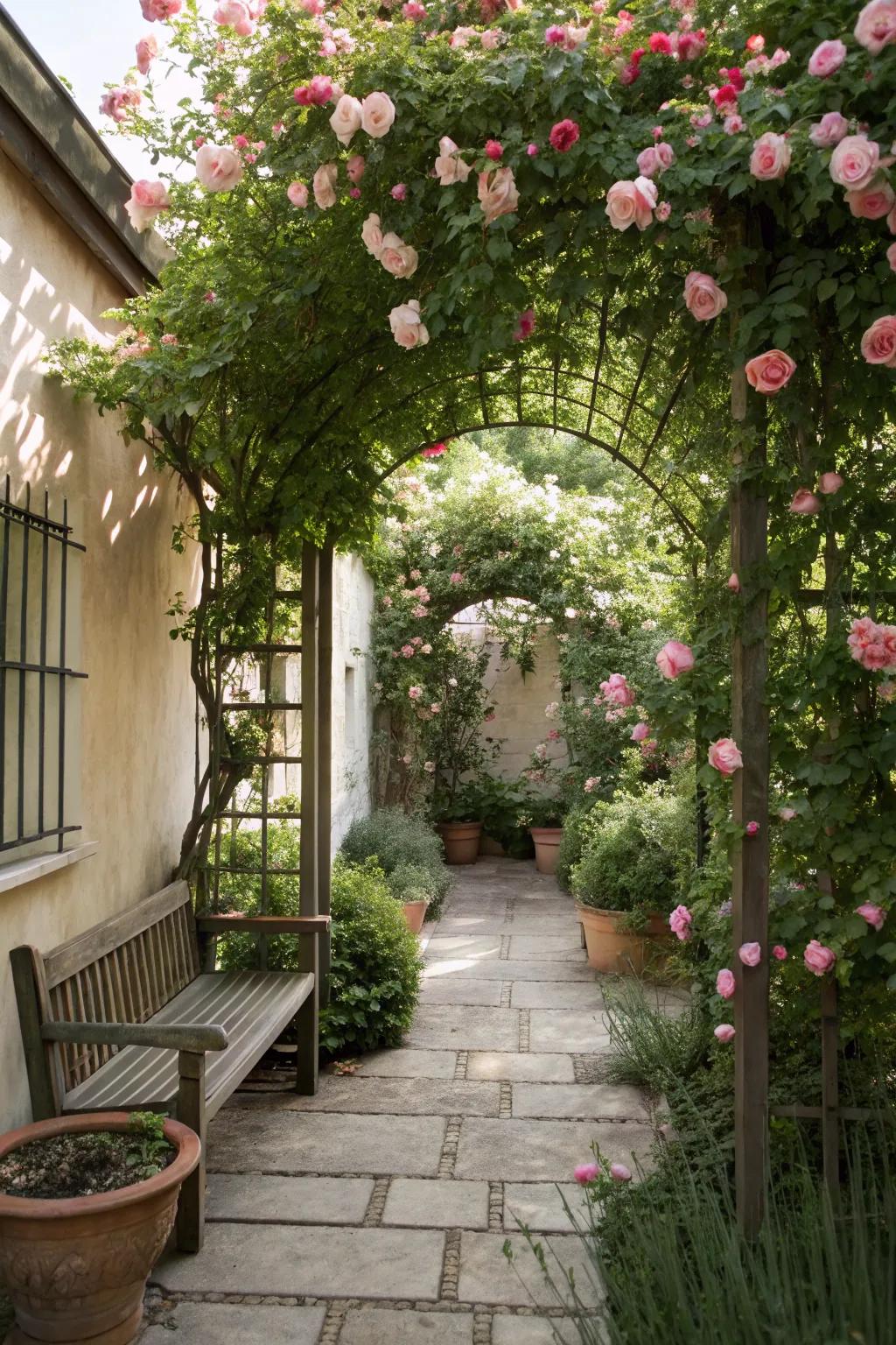 Climbing roses add romance and fragrance to your courtyard.