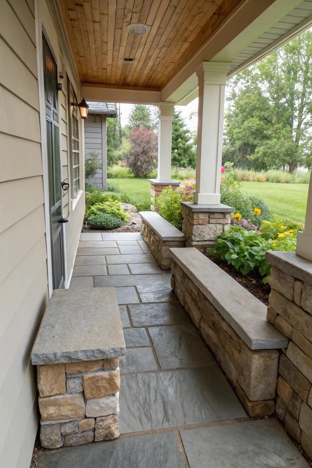 Stylish stone benches offering seating on a small porch.