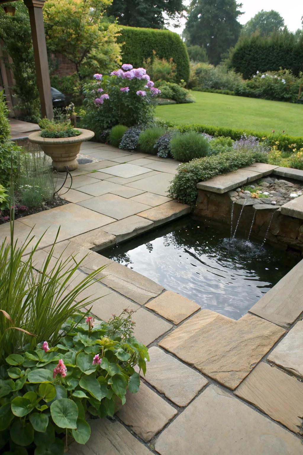 A calming water feature enhances the patio ambiance.