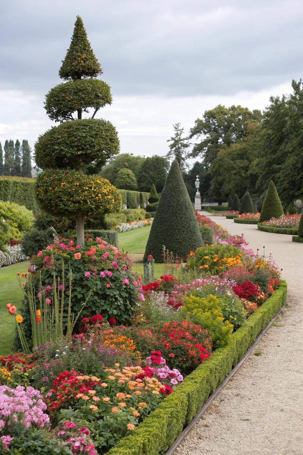 Seasonal flowers add vibrancy to topiary.