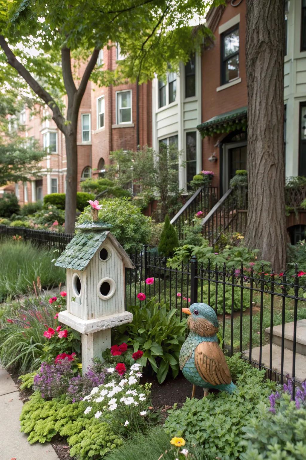 Whimsical touches like a sculpture and birdhouse add charm to this townhouse front garden.
