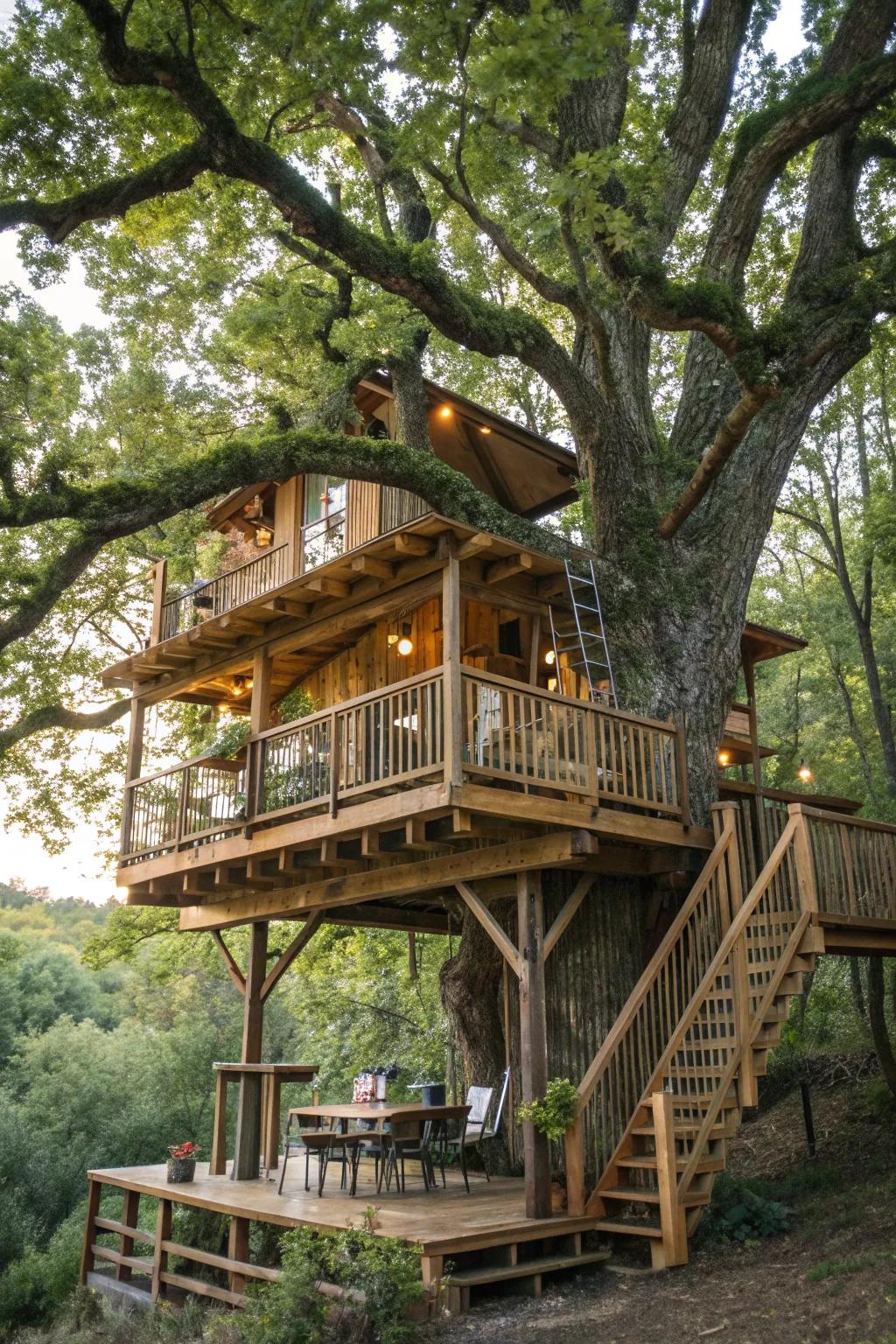 A split-level tree house offering multiple spaces and activities in one structure.