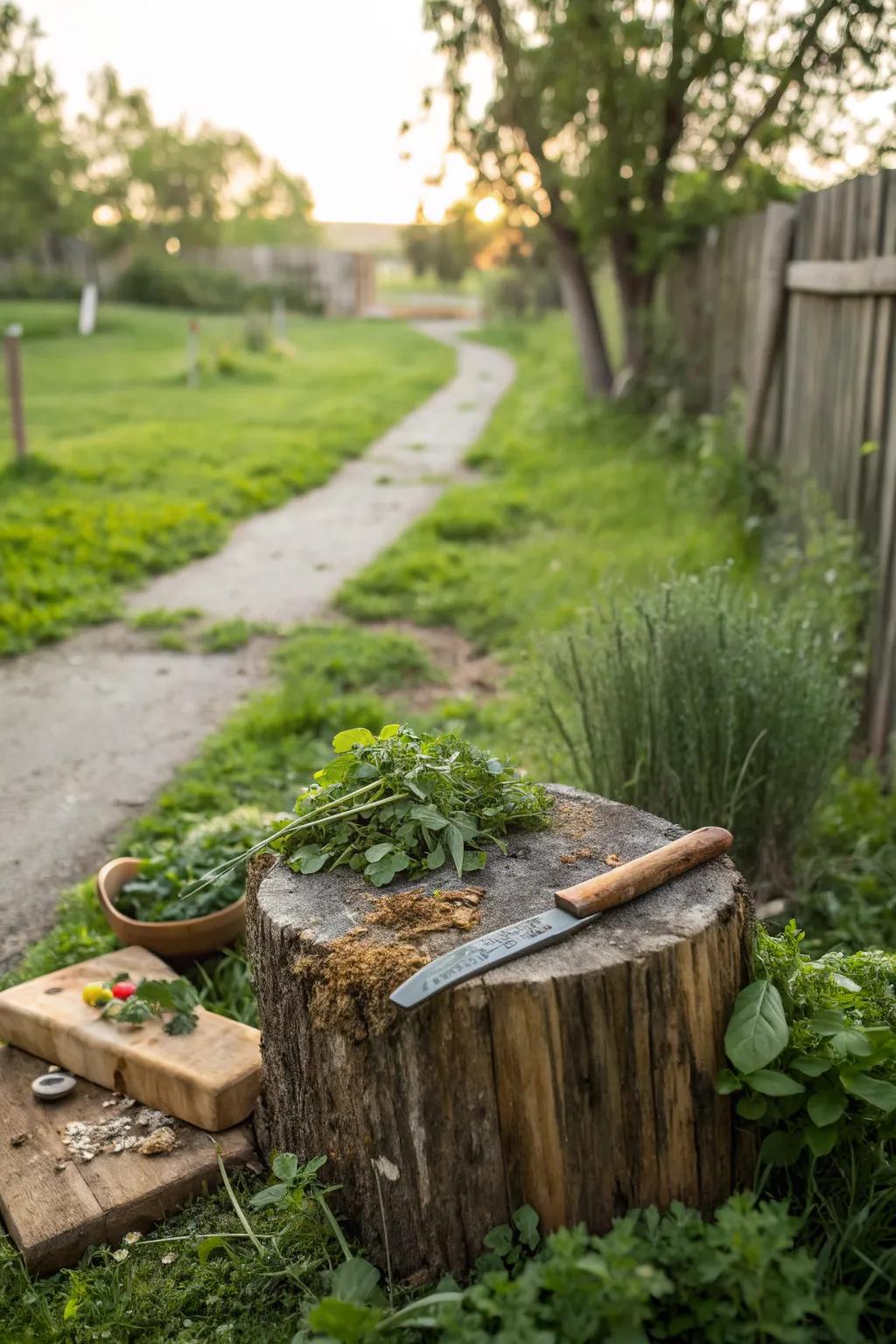 A practical chopping block crafted from a small tree stump.