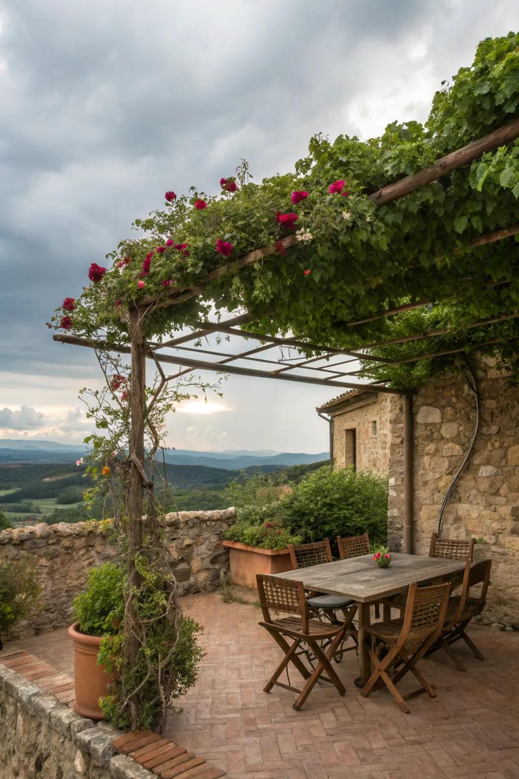 A trellis with climbing plants adds romance to this patio.