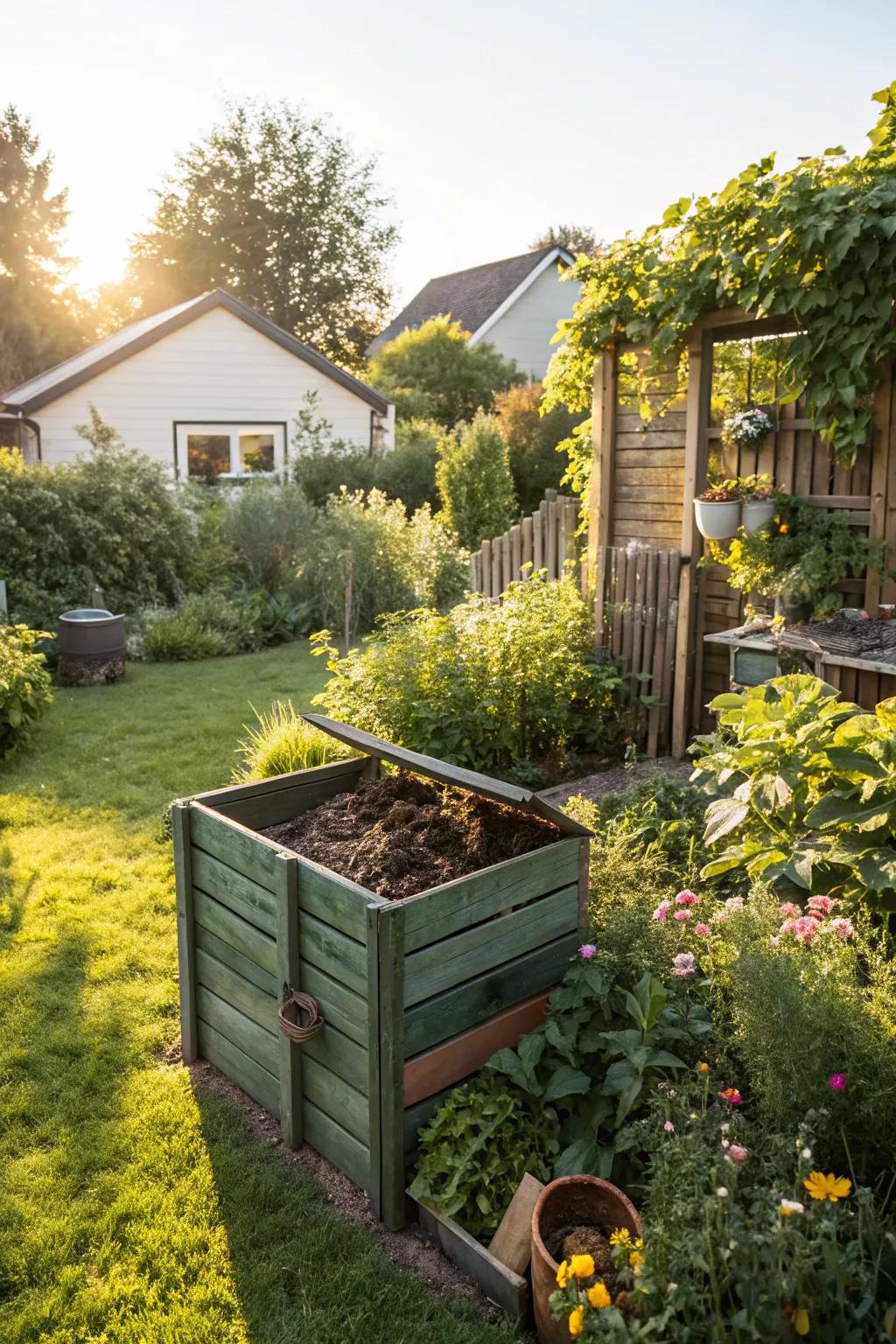 A compost bin turns waste into garden gold.