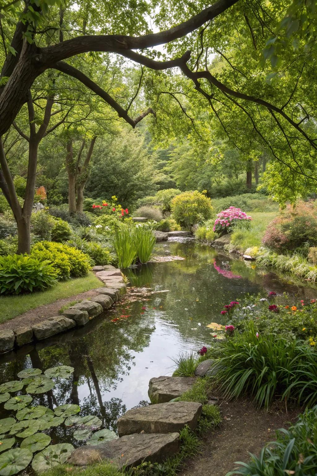 A charming small garden pond surrounded by lush greenery