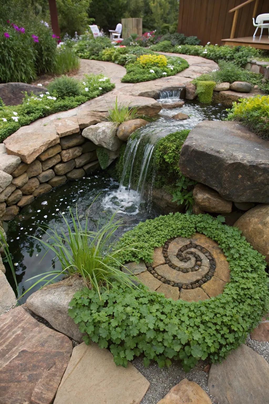 An innovative aquatic herb spiral, perfect for fresh garden flavors.