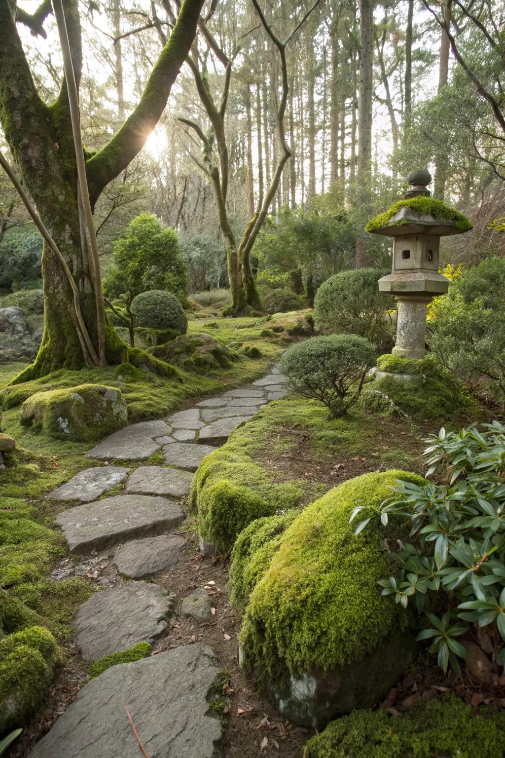 A carpet of moss adds an enchanting touch to the woodland garden.