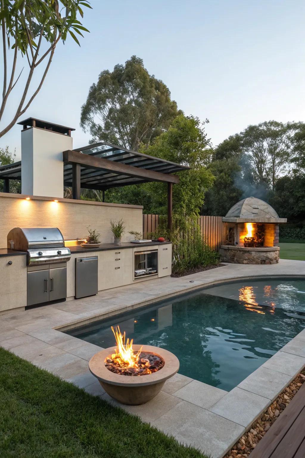 A fire pit adds warmth and charm to cool evenings.