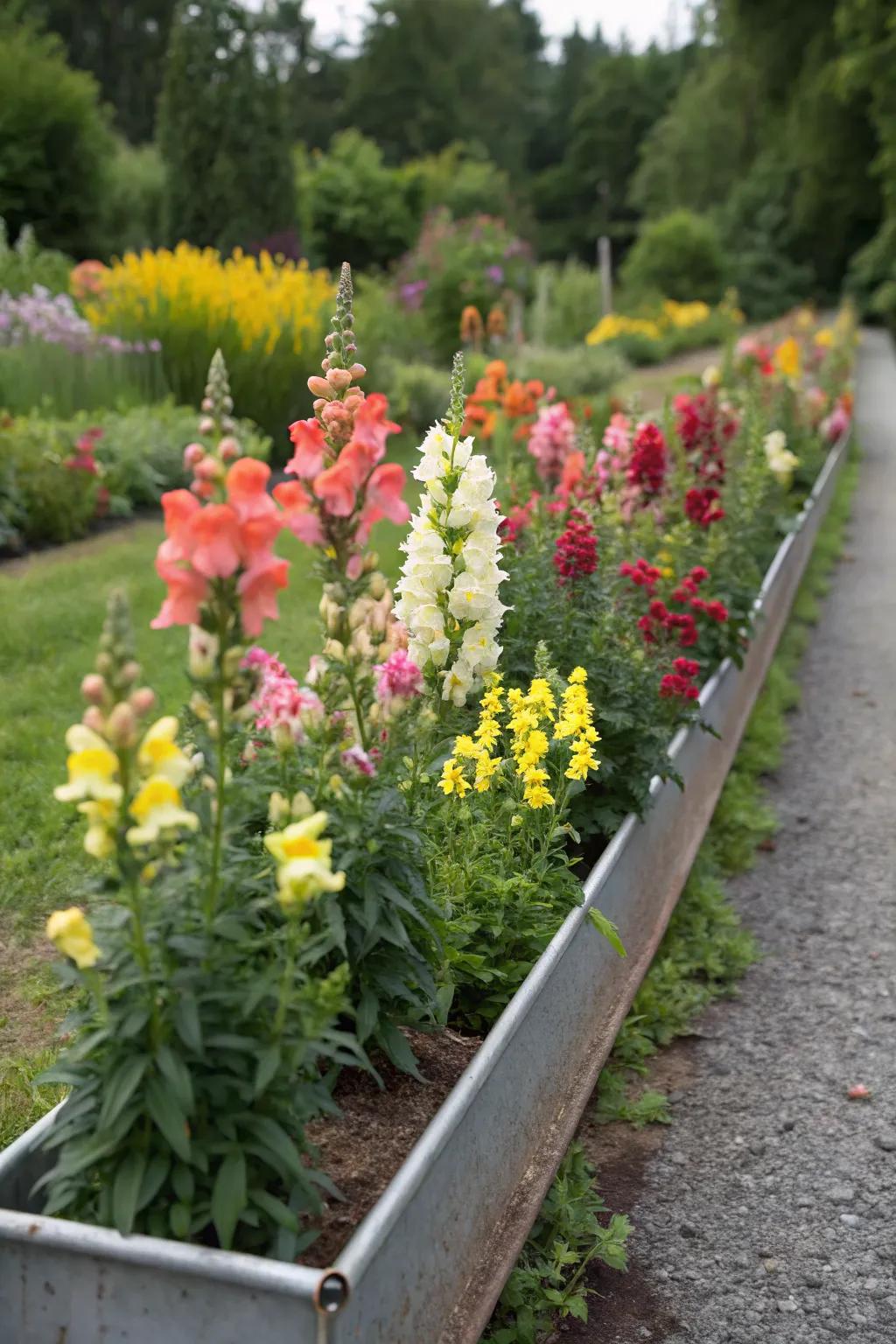 Industrial metal trough filled with snapdragons, adding sophistication to garden paths.