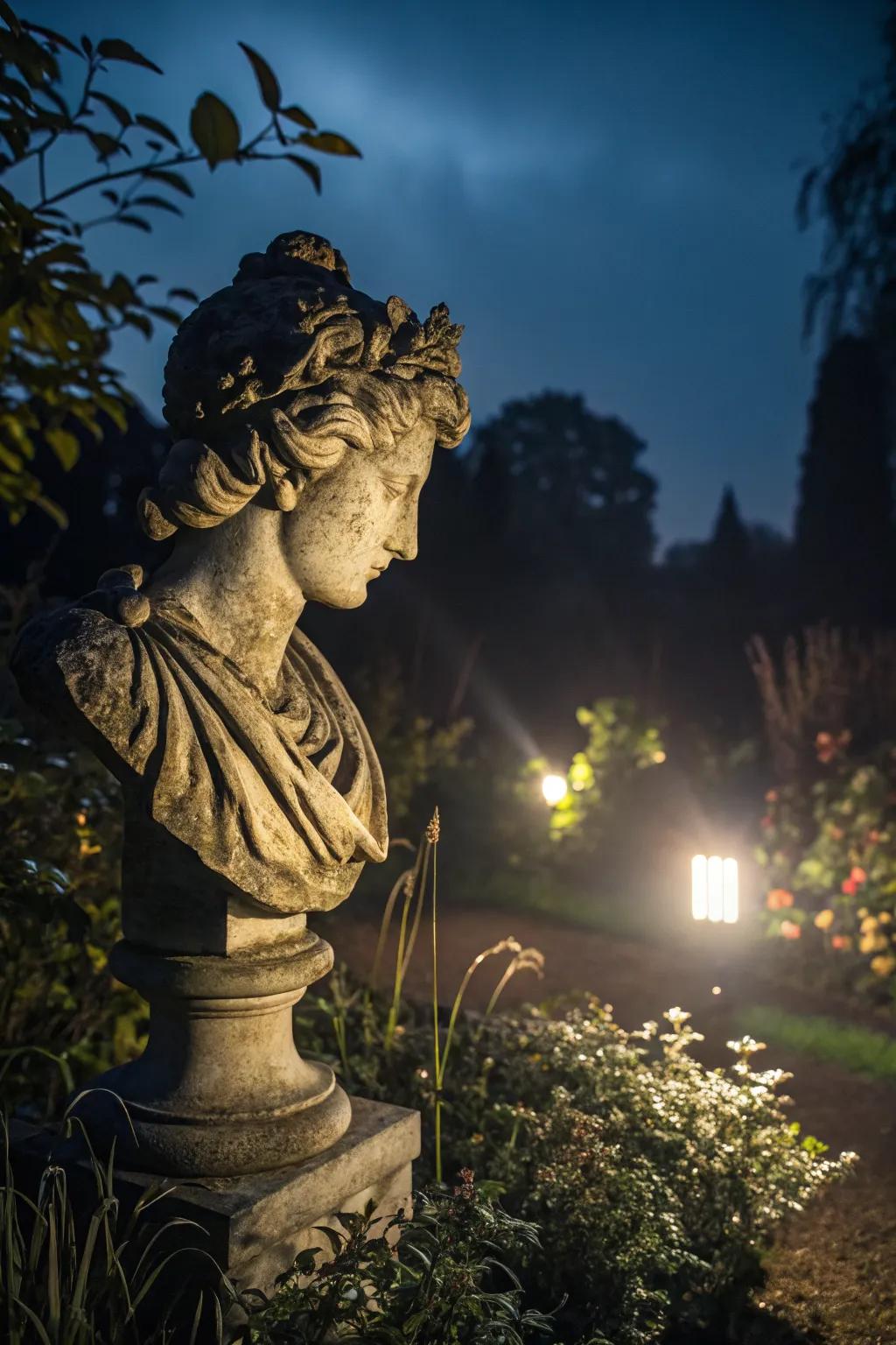 Illuminate your garden art with solar lights for dramatic effect.
