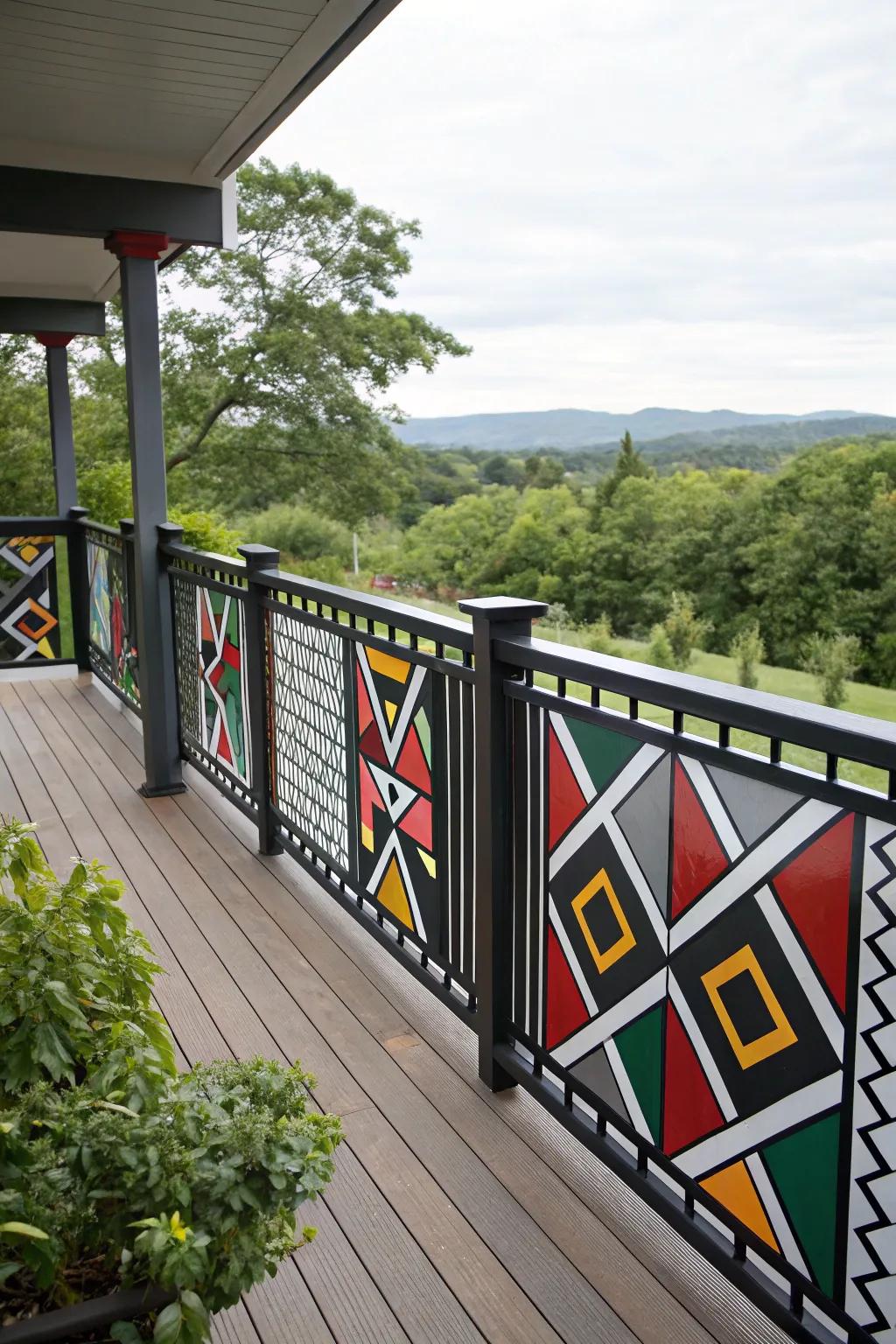 Geometric pattern railings creating a bold, modern look.