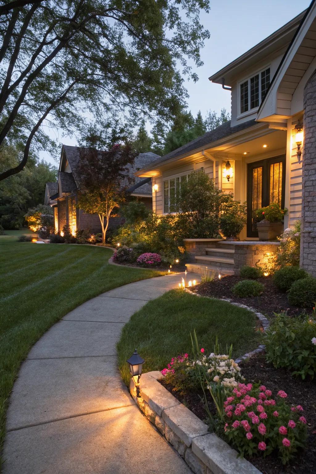 Subtle garden lighting creating a magical evening ambiance in a Southern front yard.