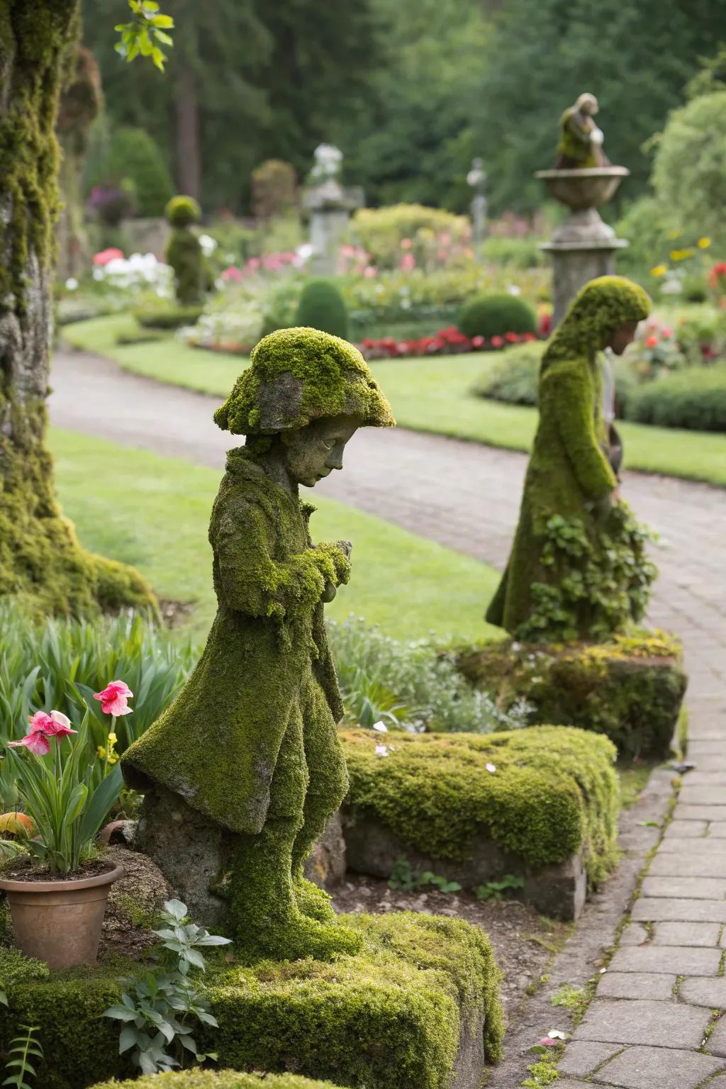 Moss-covered statues adding a touch of whimsy to the garden.